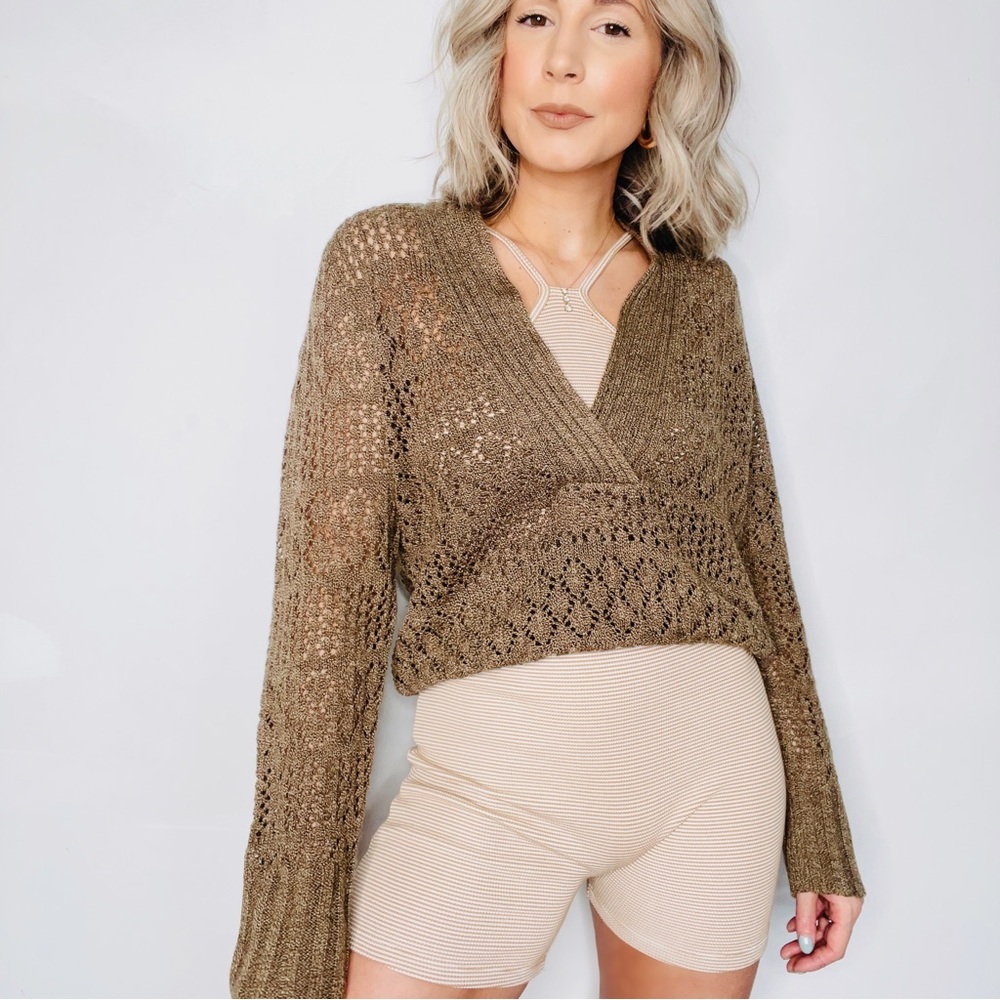 ✨ Vintage Axcess Liz Claiborne Brown Open Knit Wrap Sweater Boho L